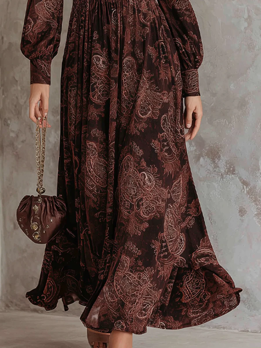 Oriane | Maxikleid mit hohem Taillenzip und braunem Paisleydruck