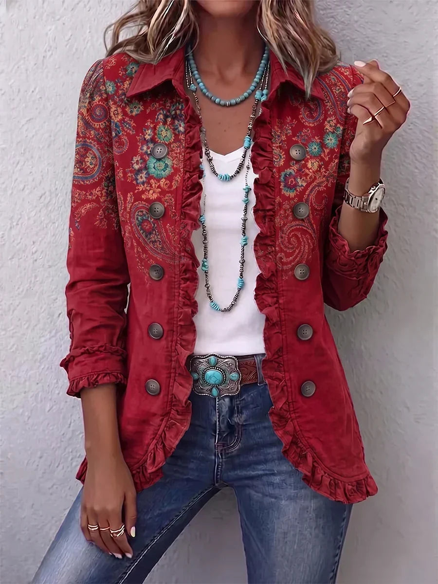 Charlotte | Boho-Paisley-Jacke in Rot mit Rüschen
