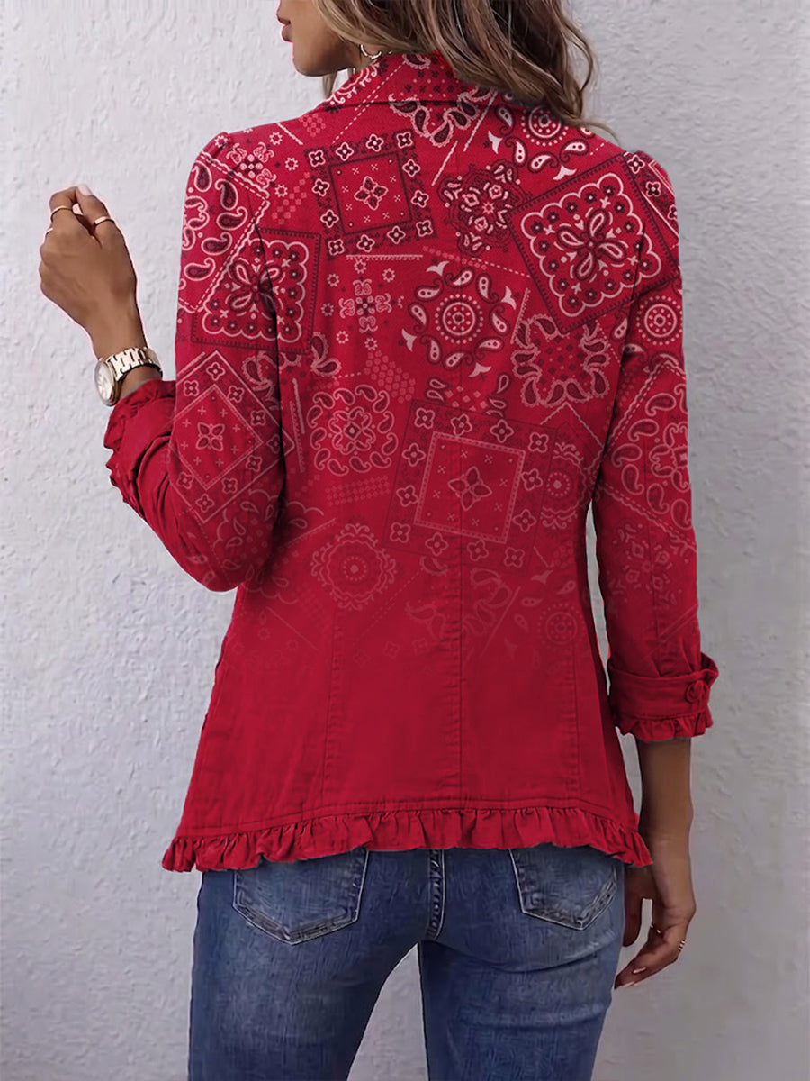 Gaëlle | Bohemian Jacke Paisley Farbverlauf Rot mit Rüschen