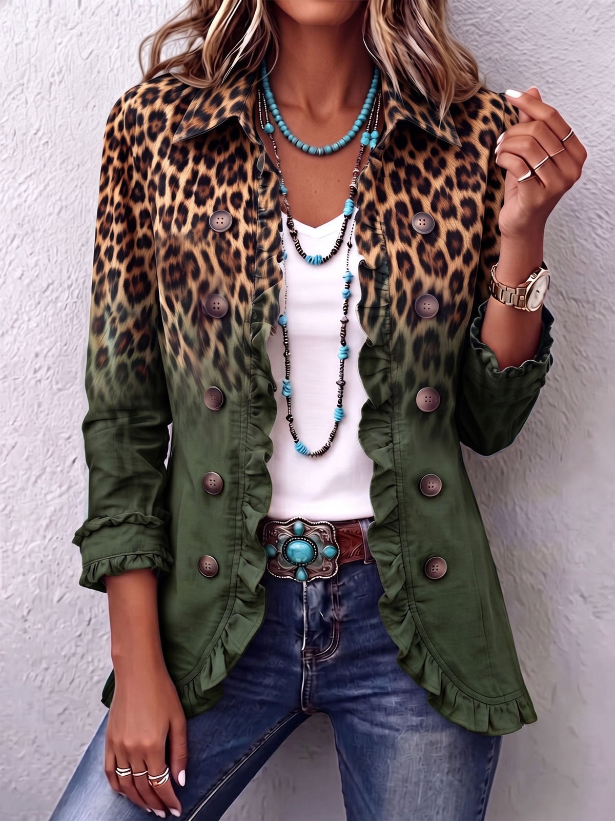Louise | Blazer Leopard Farbverlauf Olivgrün mit Rüschen
