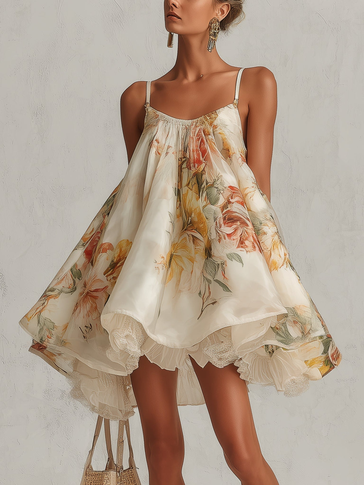 Béatrice | Mini-Ärmellose Kleid aus blumenbedrucktem Organza in Beige mit Spitzenrand