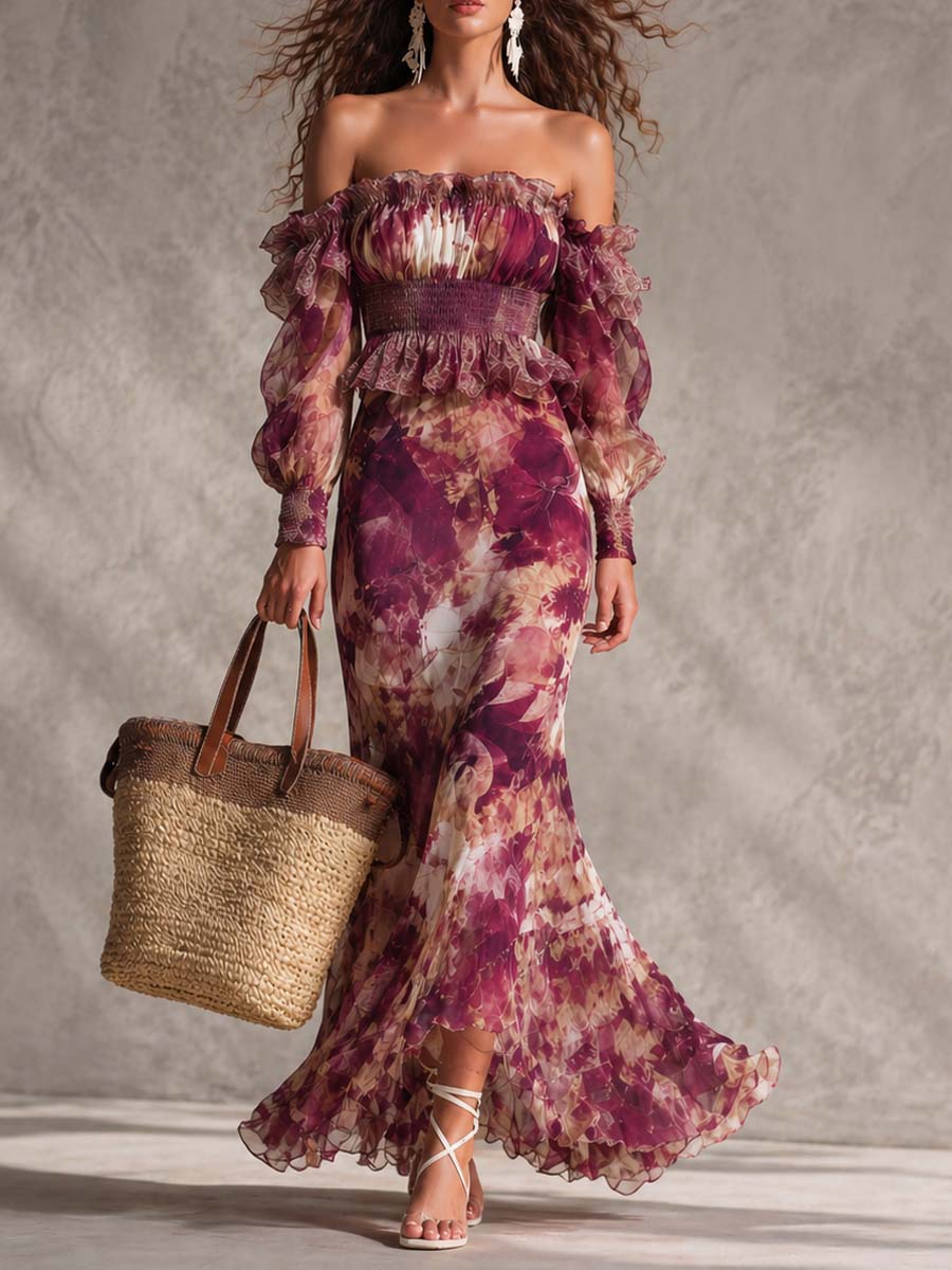 Rosine | Maxikleid mit schulterfreien Trägern in Antikrosa, Floral-Muster
