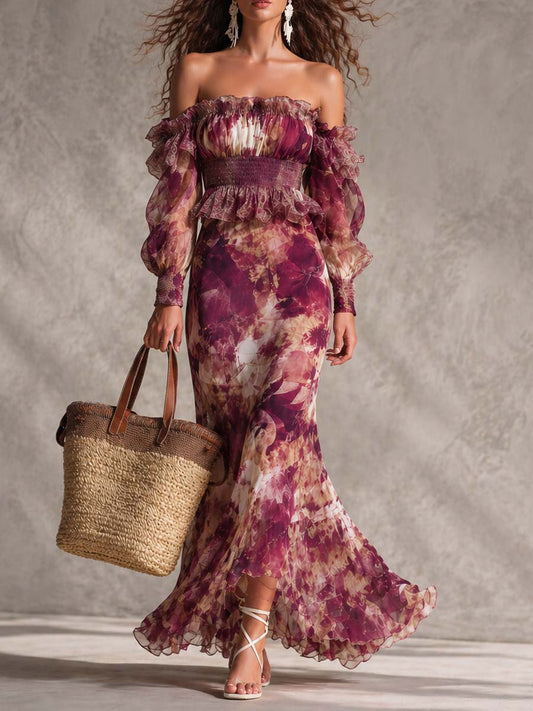 Rosine | Maxikleid mit schulterfreien Trägern in Antikrosa, Floral-Muster