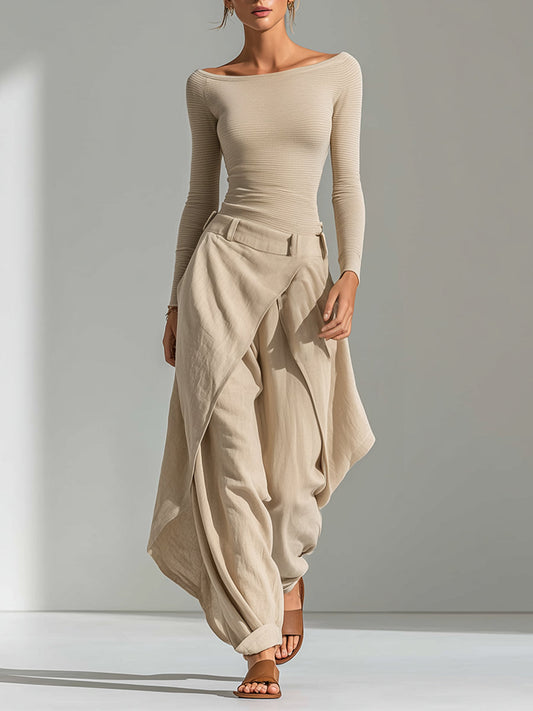 Éveline | Beige Oberteil mit Bootsausschnitt und weitem Rock mit Volants