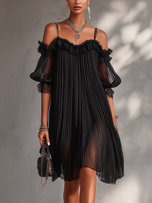 Léonie | Mini Schwarz Kleid, Schulterfrei, Spitzenrand