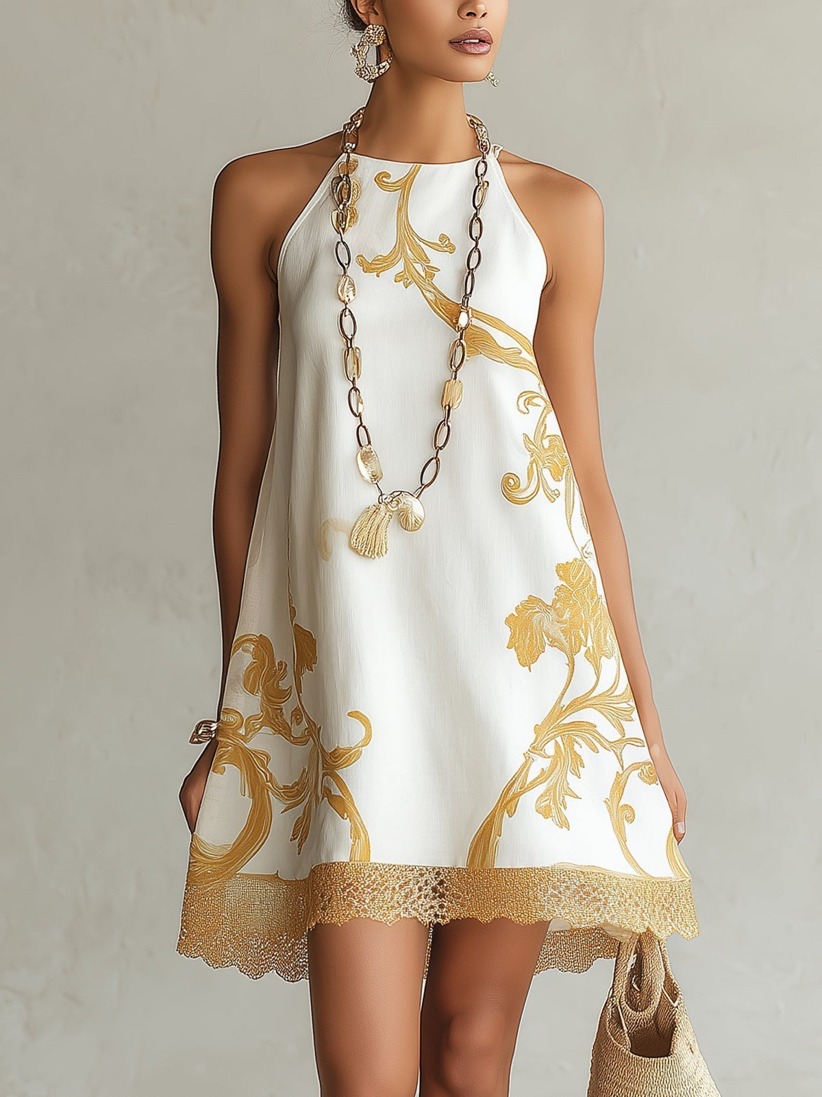 Héloïse | Mini-Kleid aus weißer Spitze mit goldenen Mustern