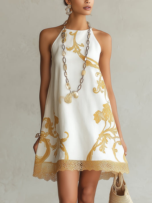 Héloïse | Mini-Kleid aus weißer Spitze mit goldenen Mustern