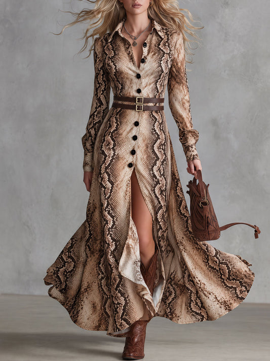 Esther | Vintage Maxikleid mit Reptilienmuster in Braun, Doppelträger und Schlitz