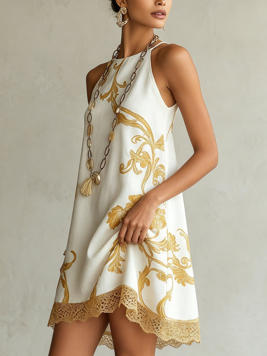 Héloïse | Mini-Kleid aus weißer Spitze mit goldenen Mustern