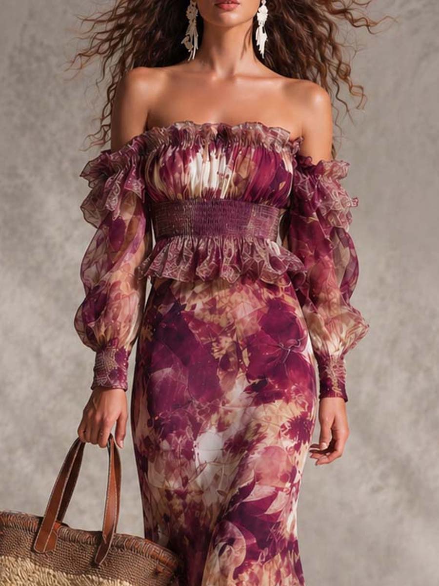 Rosine | Maxikleid mit schulterfreien Trägern in Antikrosa, Floral-Muster