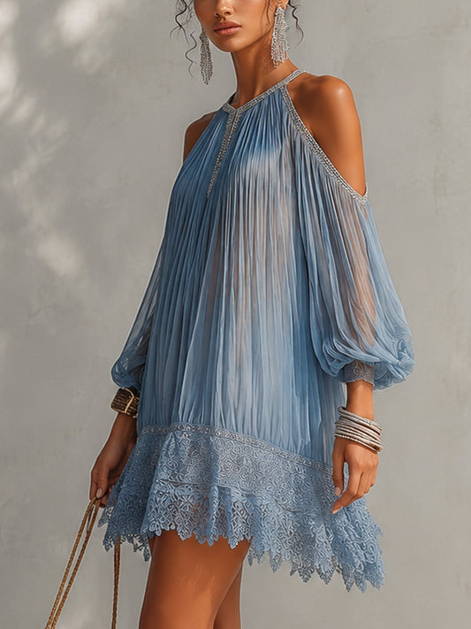 Céleste | Mini Kleid Blau mit Schulterfreischnitt und Spitzenbesatz