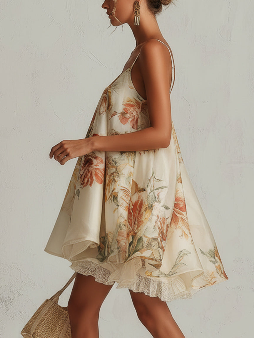 Béatrice | Mini-Ärmellose Kleid aus blumenbedrucktem Organza in Beige mit Spitzenrand