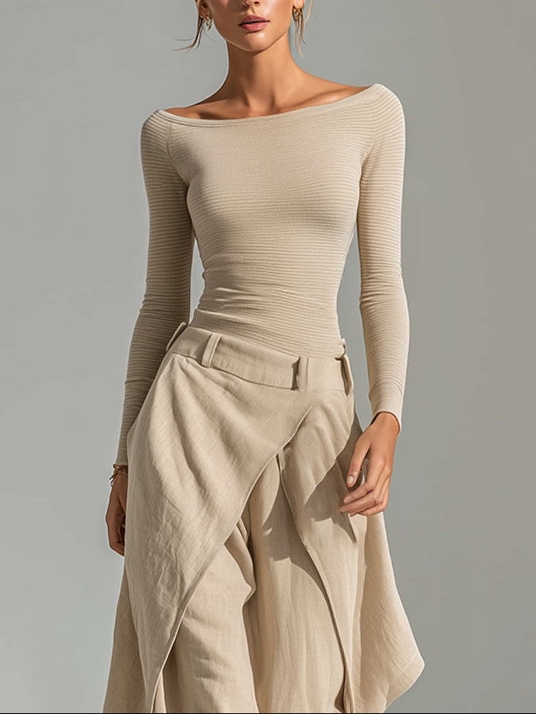 Delphine | Ensemble Oberteil Beige Bootsausschnitt und Weite Hose mit Volants