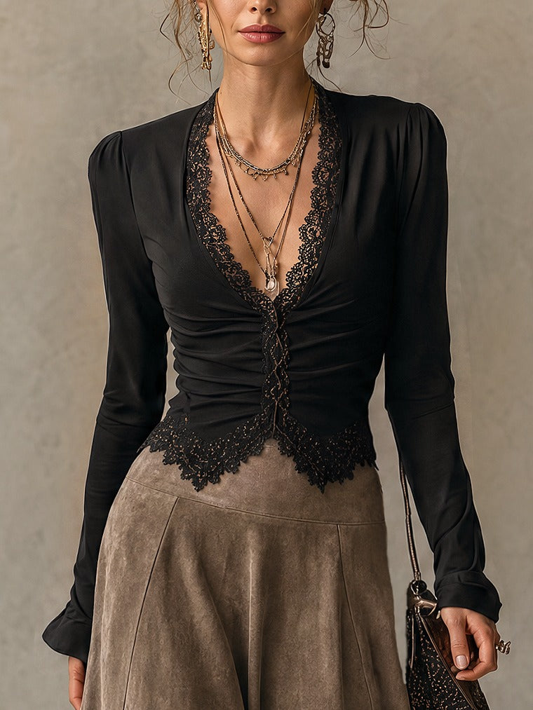 Albane | Set aus Spitzenoberteil und Maxirock aus Wildleder, Schwarz und Taupe