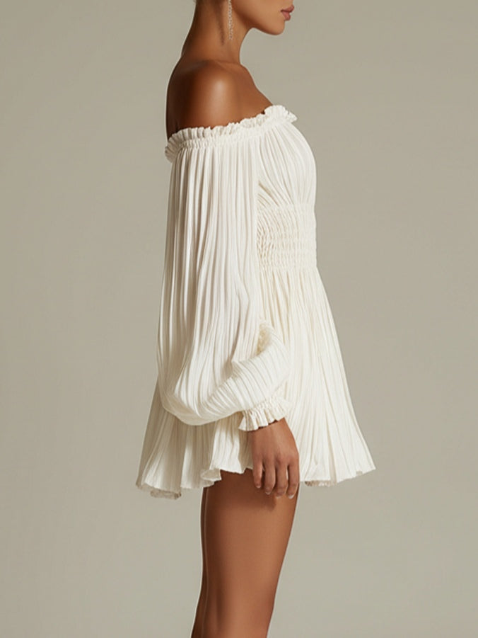 Candide | Mini Kleid Weiß, Schulterfrei, Mit Geraffter Taille
