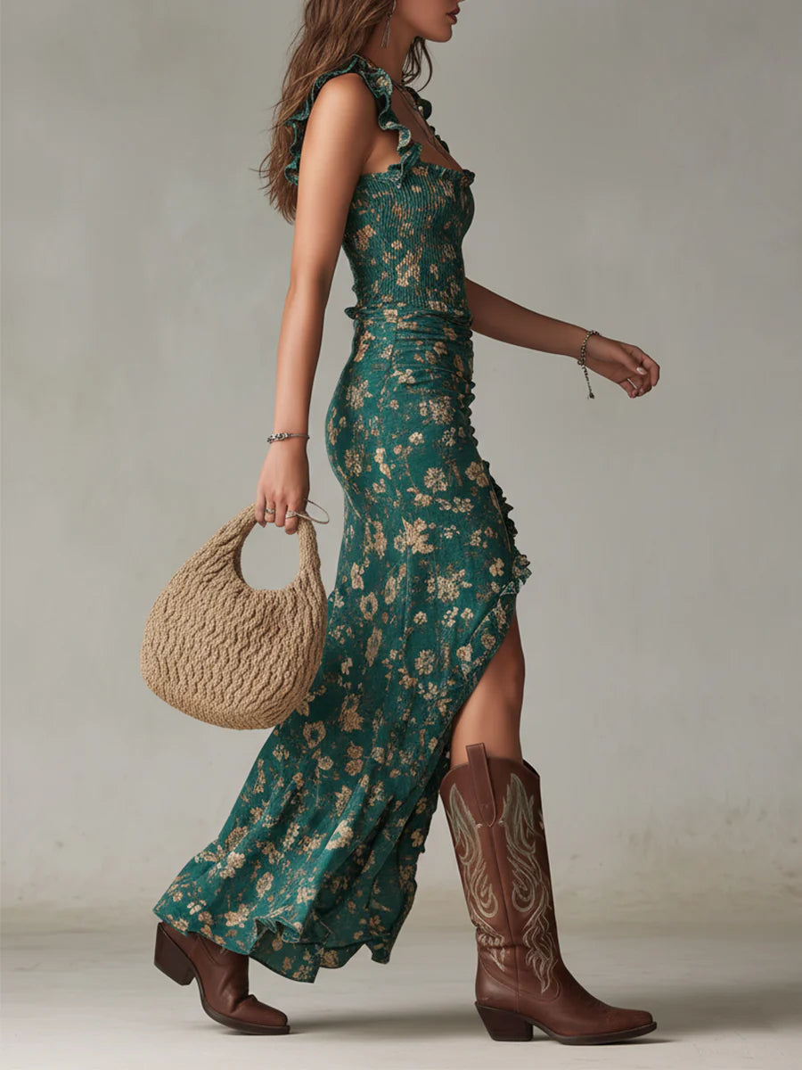 Florenz | Maxikleid Boho mit grünem Druck