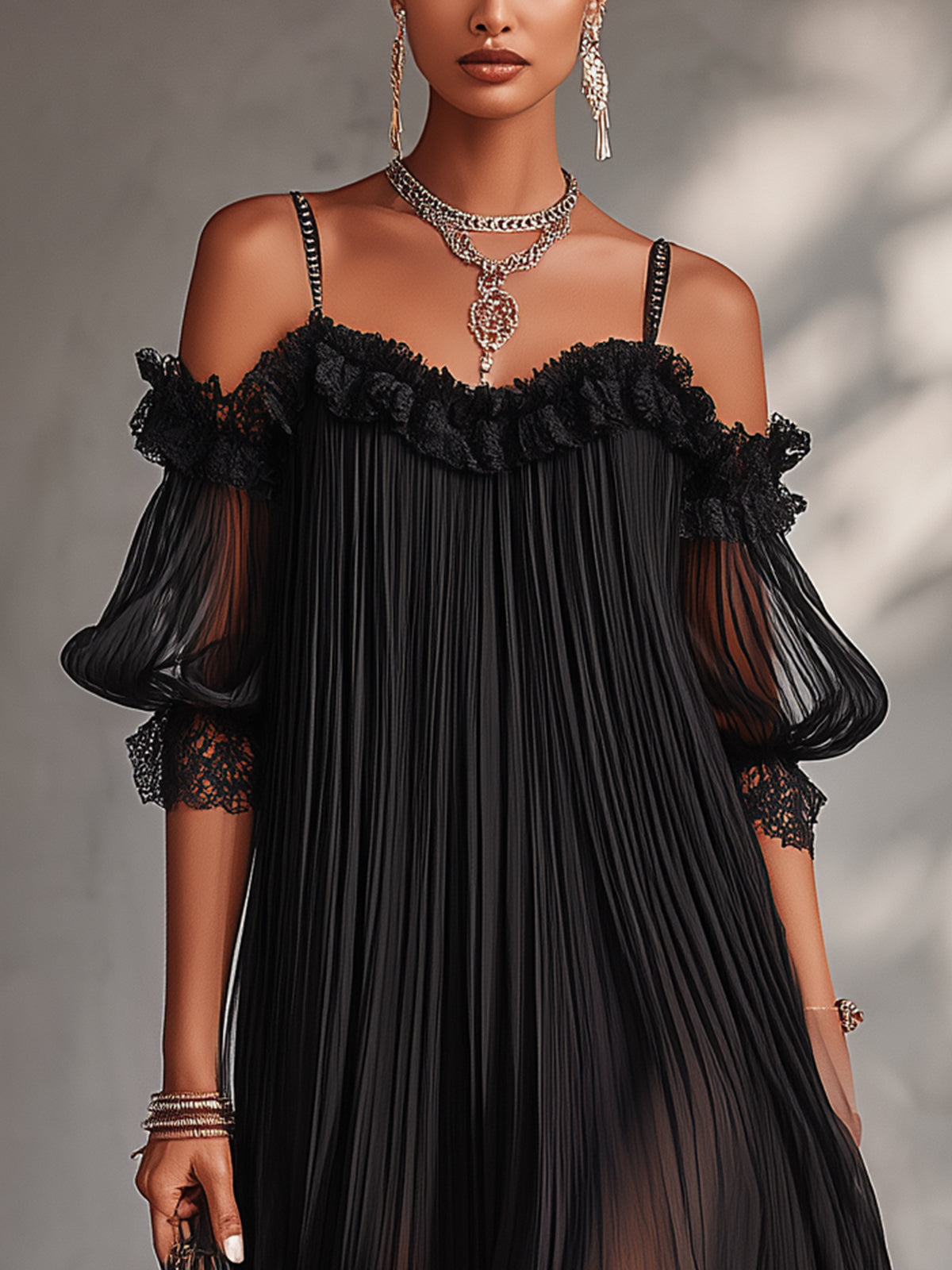 Léonie | Mini Schwarz Kleid, Schulterfrei, Spitzenrand