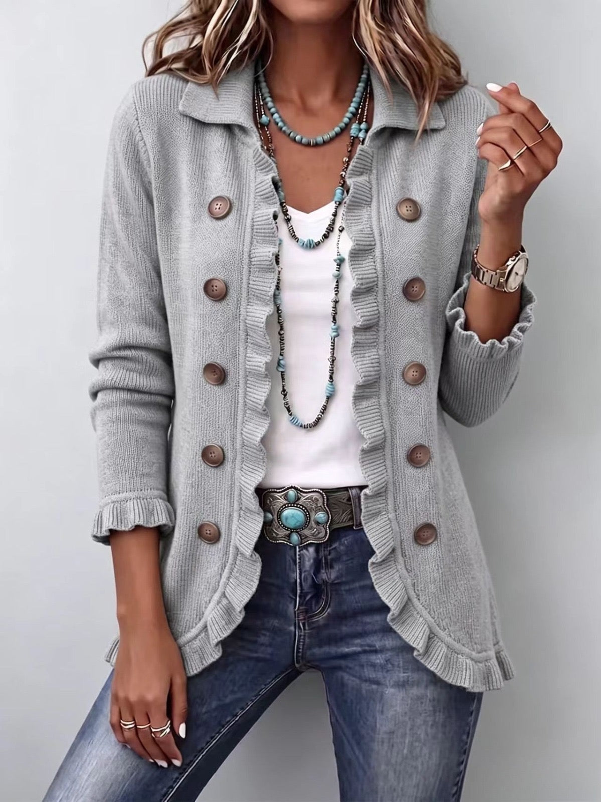 Théodora | Graue Melierte Strickjacke mit Rüschen
