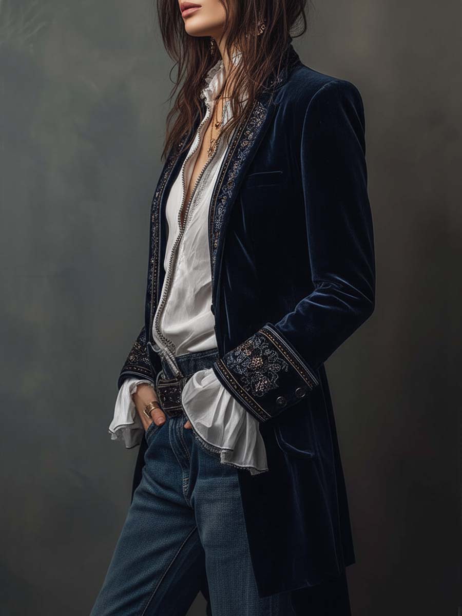 Athénaïs | Lange Bestickte Vintage-Jacke Marineblau