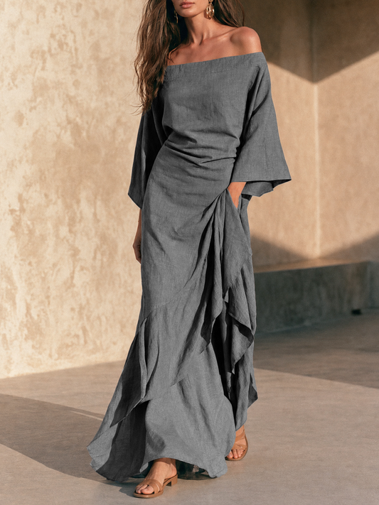 Aure | Maxikleid im minimalistischen Stil mit schulterfreien Trägern, volants und weit ausgestellten Ärmeln