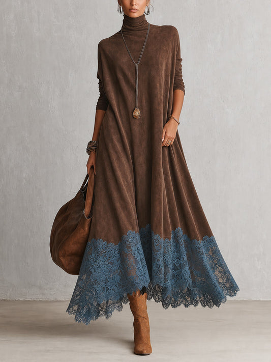 PIERA | Langes Kleid mit Wildleder-Effekt und Spitzenrand