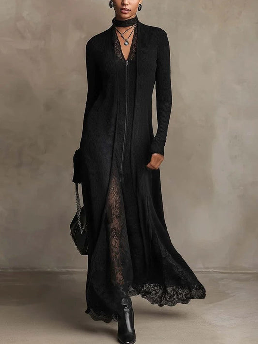 Solenne | Schwarzes Rippstrick-Maxikleid mit Spitze