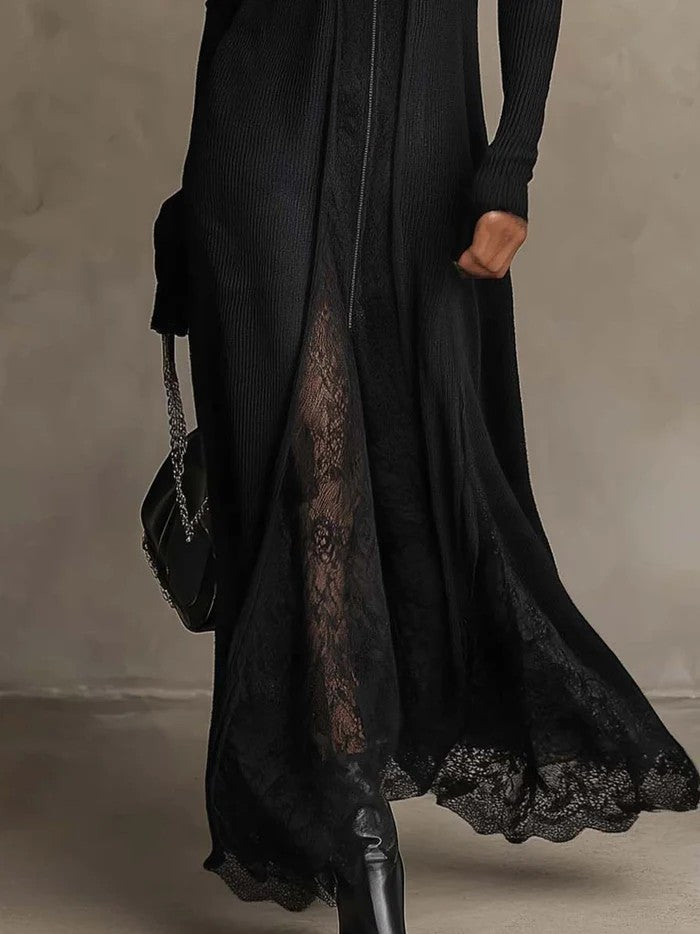 Solenne | Schwarzes Rippstrick-Maxikleid mit Spitze