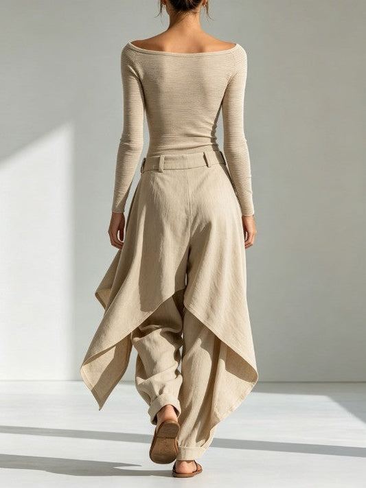 Juliette | Beige Oberteil mit Bootsausschnitt und weitem Hosenanzug mit Überlagerungen