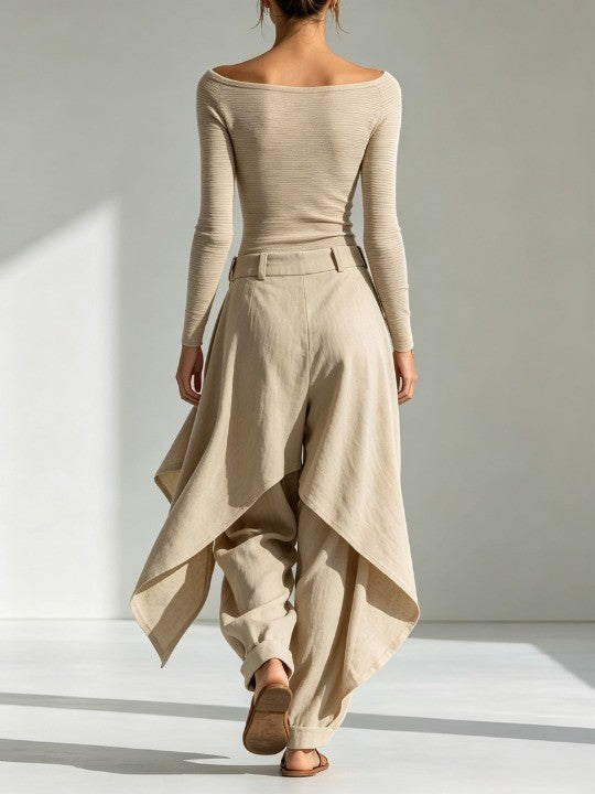 Éveline | Beige Oberteil mit Bootsausschnitt und weitem Rock mit Volants