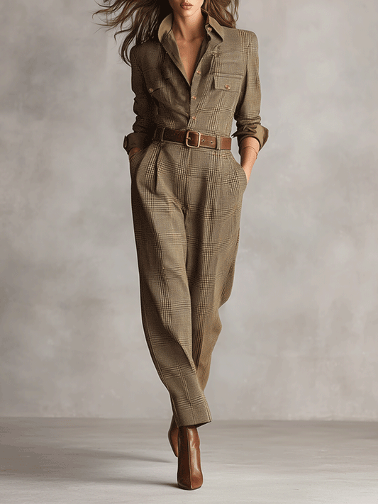 Mariah | Eleganter karierter Jumpsuit mit Taillengürtel