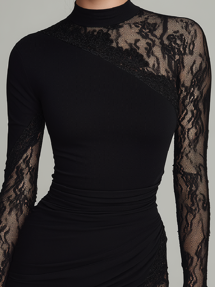 Noémie | Schwarzes Rollkragen-Minikleid mit Spitze, asymmetrischem Tüll und langen Ärmeln