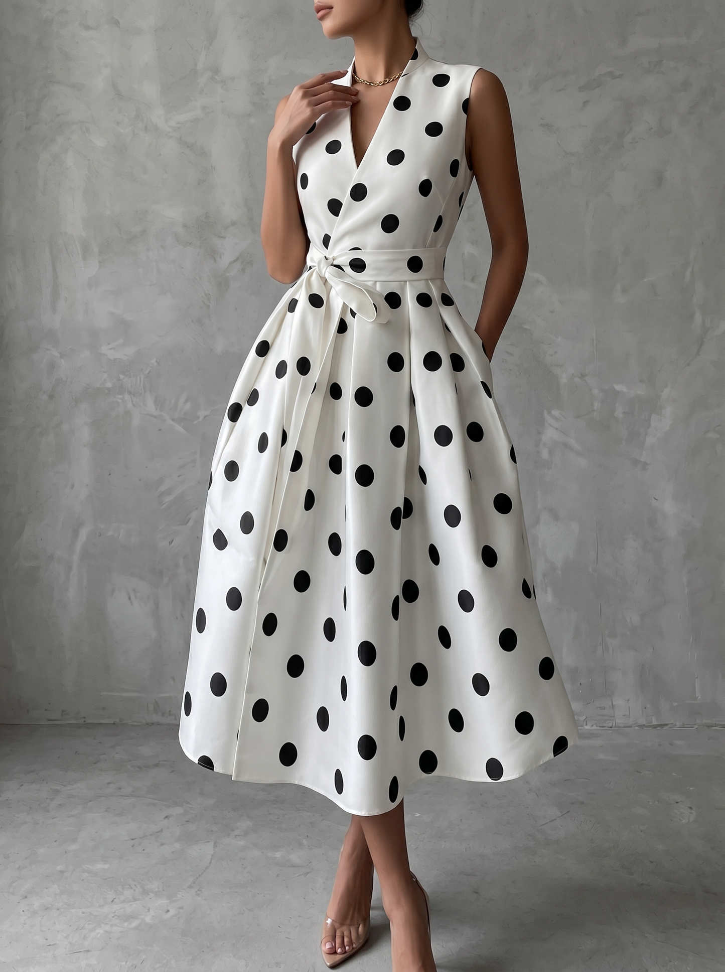Schwarz‑weiße klassische Polka Dot französische ärmellose Midi‑Kleid