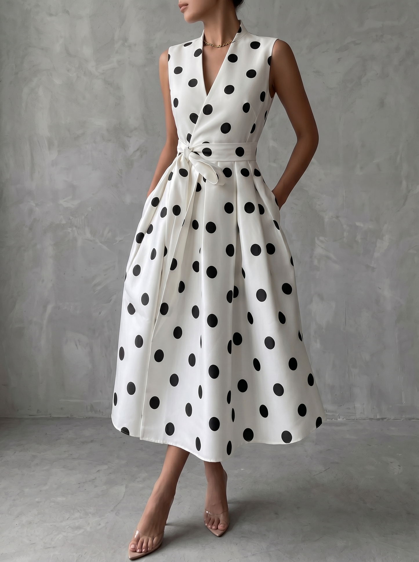 Schwarz‑weiße klassische Polka Dot französische ärmellose Midi‑Kleid