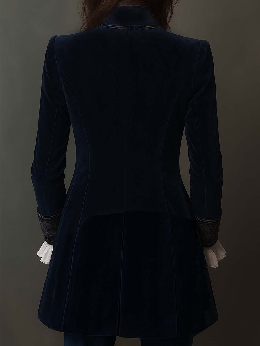 Athénaïs | Lange Bestickte Vintage-Jacke Marineblau