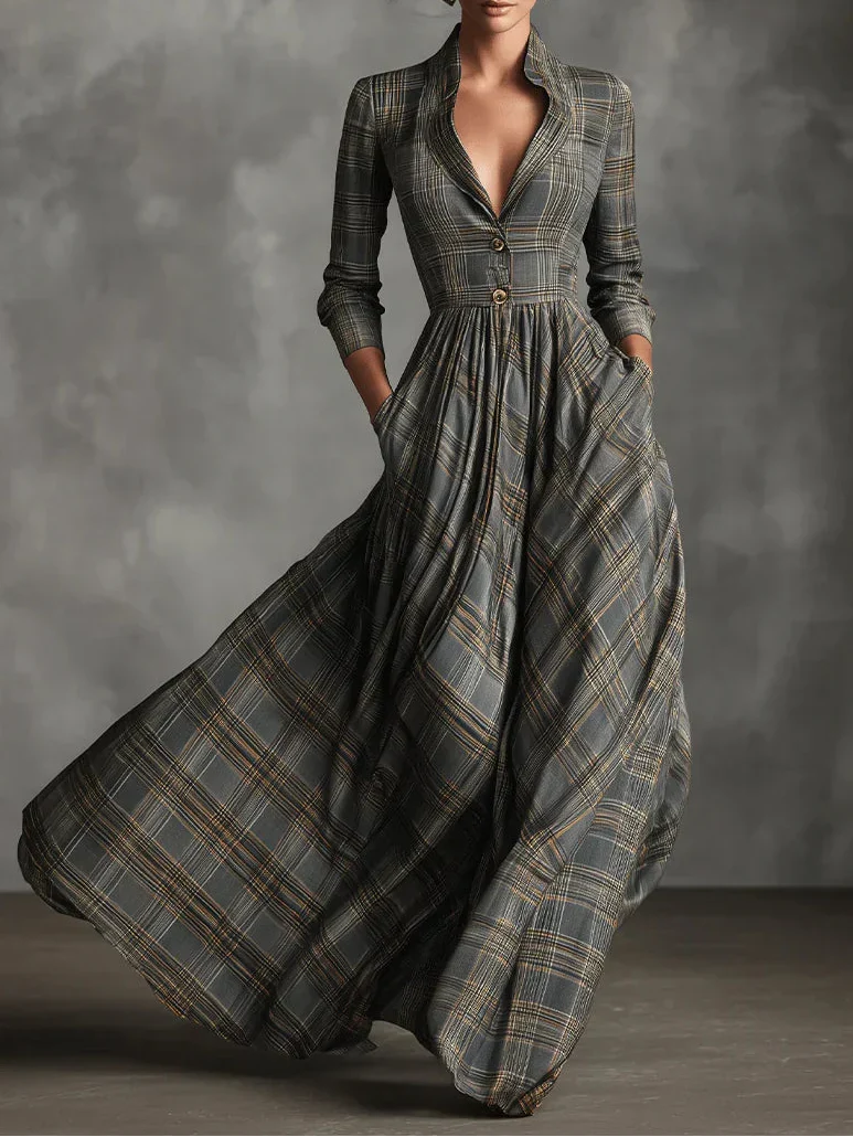 Elise | Elegantes Maxikleid mit Karomuster & V-Ausschnitt
