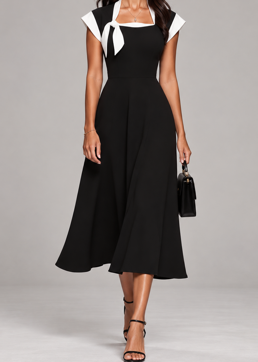 Ariane | Midi Kleid für Frauen mit quadratischem Ausschnitt und Colorblock-Ärmeln
