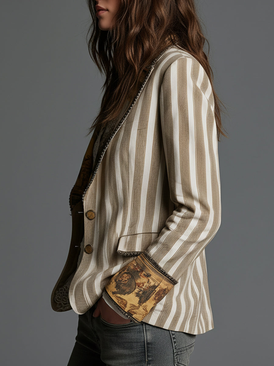 Suzanne | Gestreifter Boho-Blazer mit bedrucktem Revers