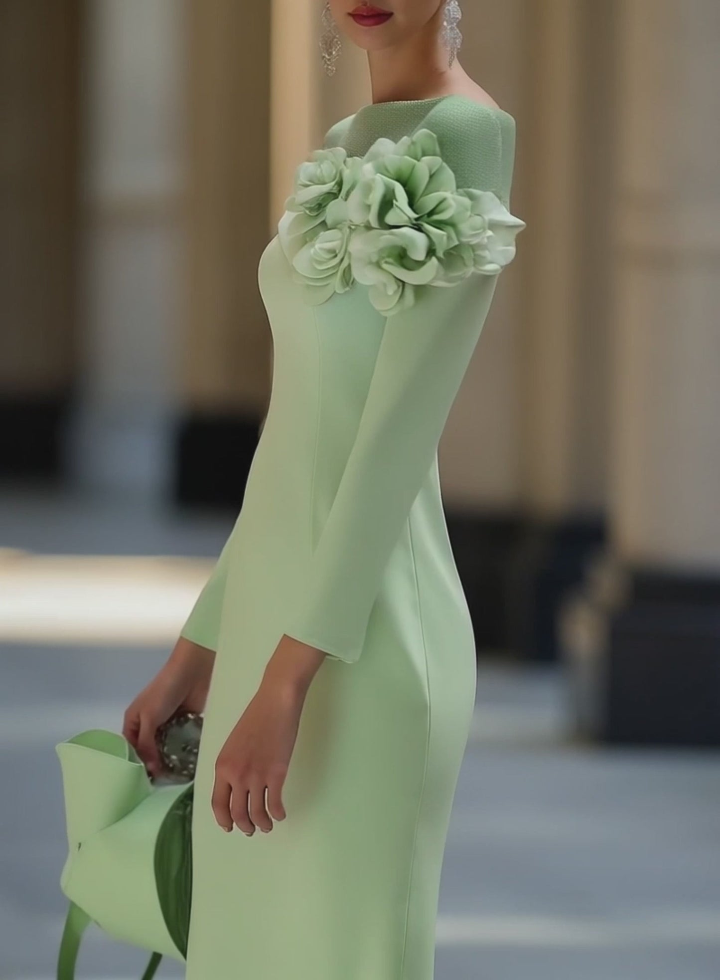 Rundhals Off-Shoulder 3D Blumen Midi Kleid