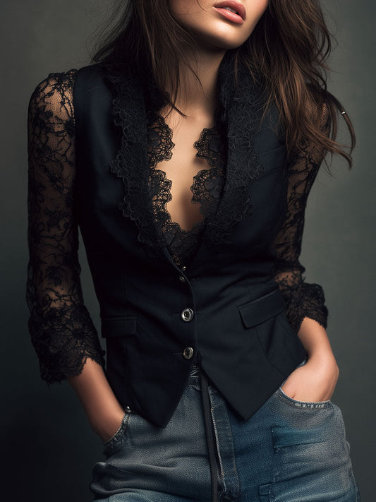 Noémie | Oberes Blazer in Schwarz mit Halbtransparenten Ärmeln