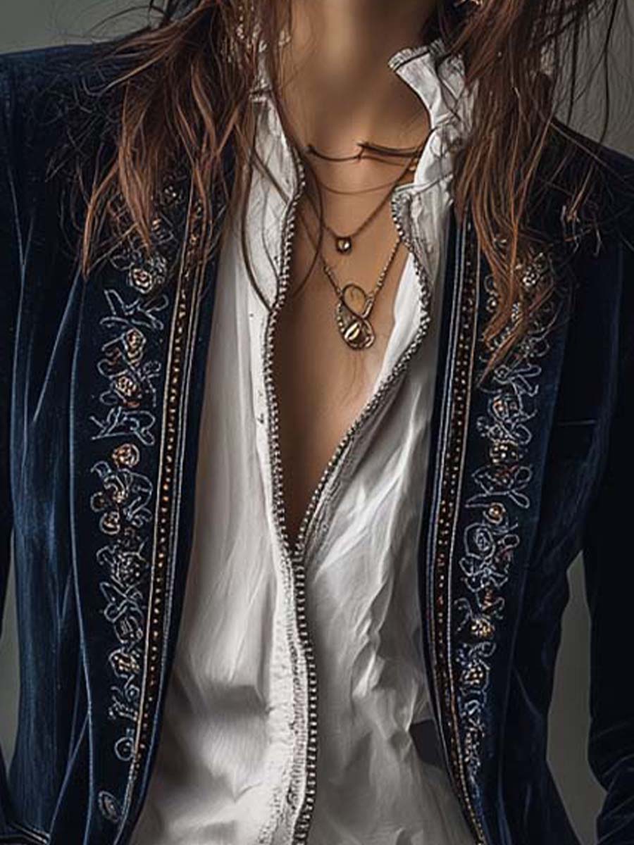 Athénaïs | Lange Bestickte Vintage-Jacke Marineblau