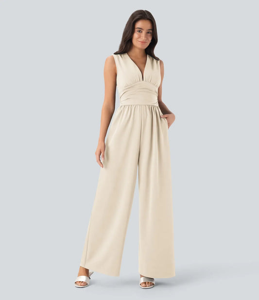 NOVA — Eleganter Jumpsuit mit V-Ausschnitt und weiter Palazzo-Hose | Mit Taschen