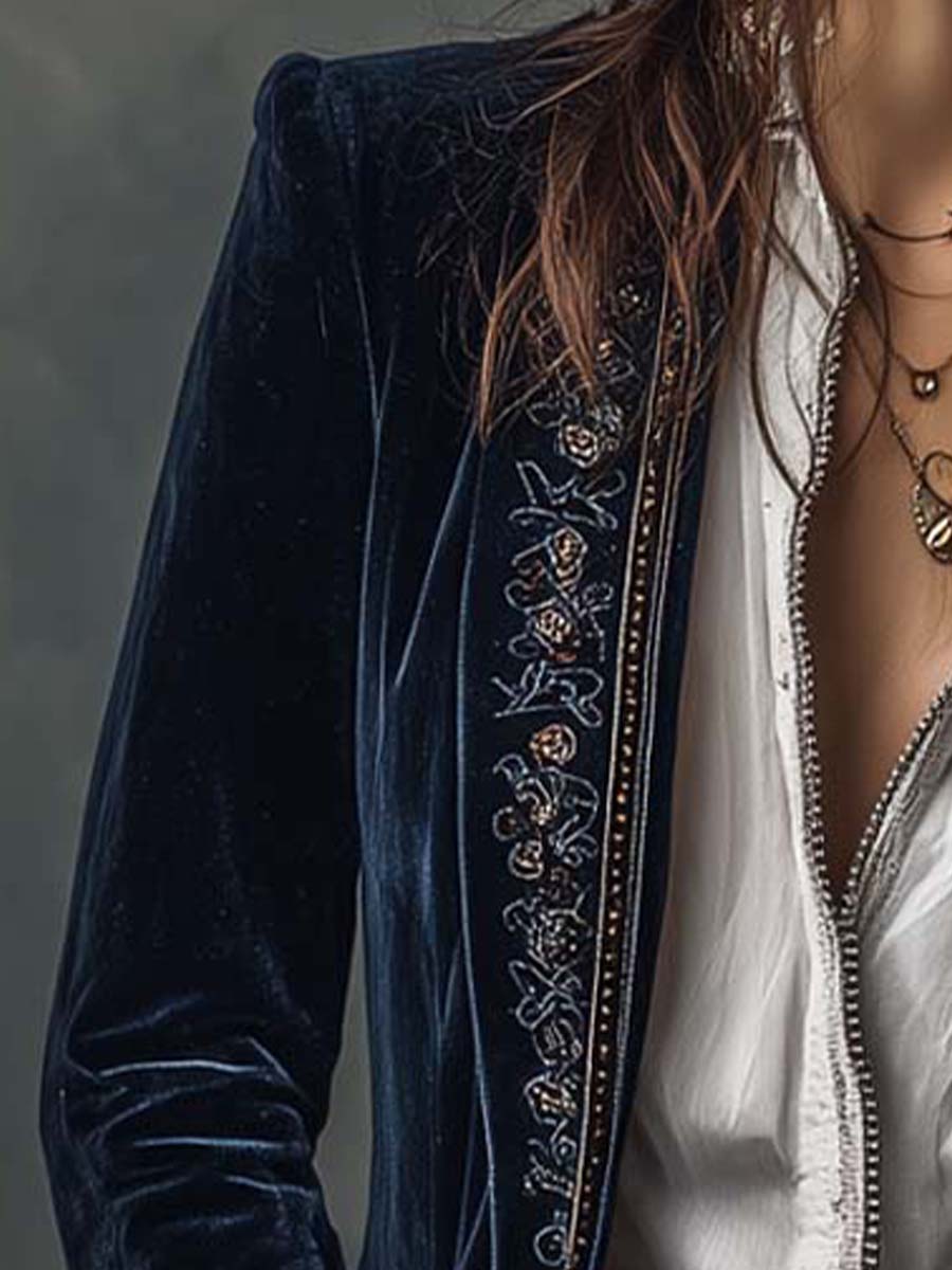 Athénaïs | Lange Bestickte Vintage-Jacke Marineblau