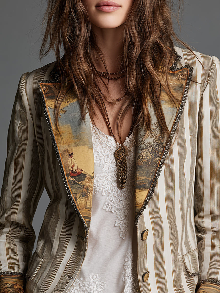 Suzanne | Gestreifter Boho-Blazer mit bedrucktem Revers