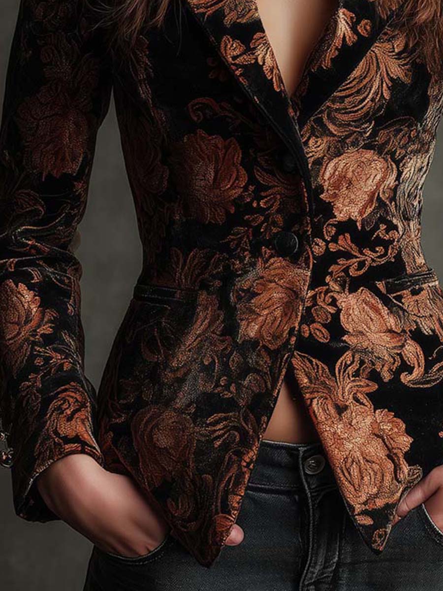 Bertille | Blazer Tailleur Mit Floral Druck in Schwarz und Bronze