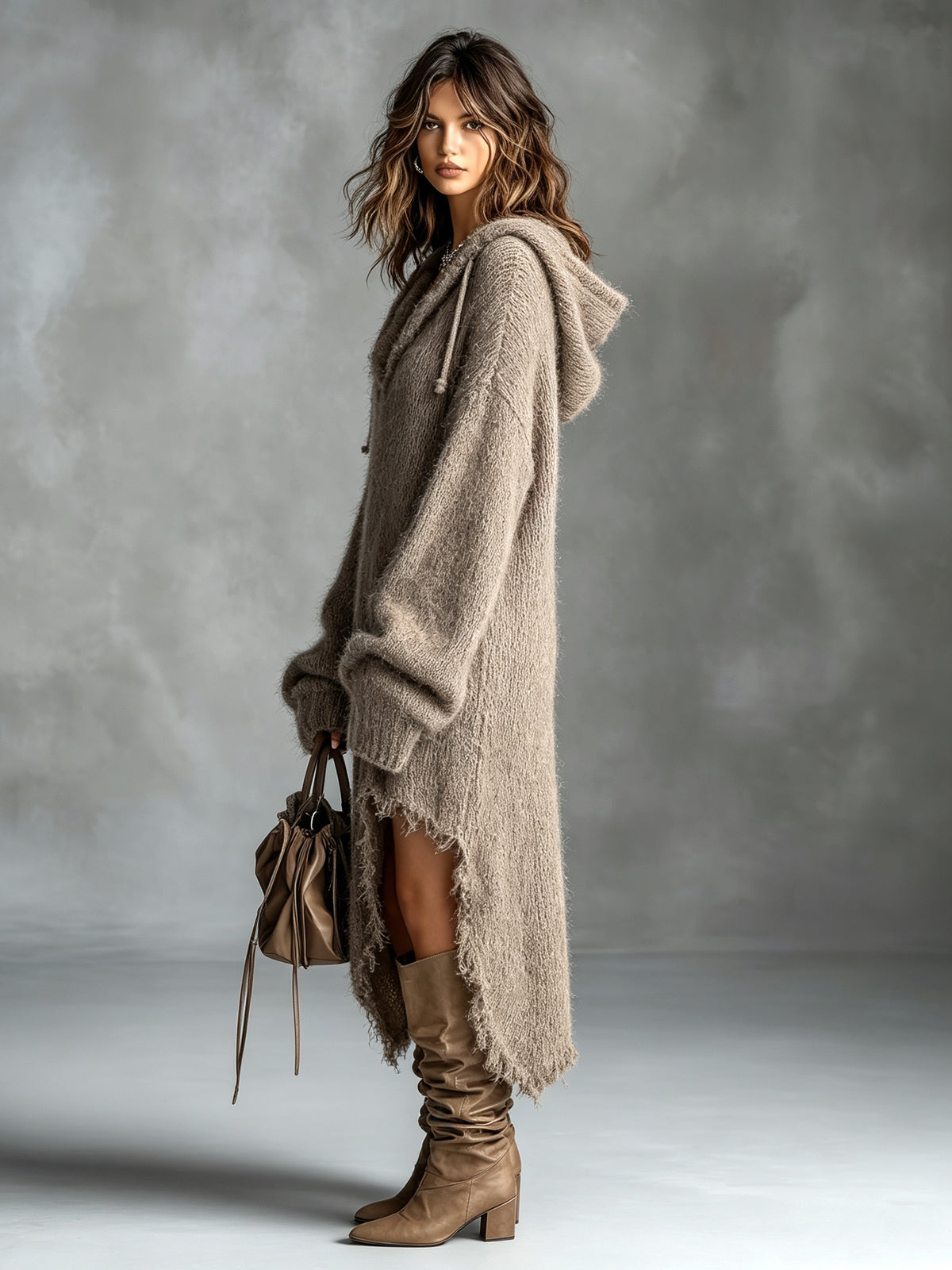 Colombe | Midi Kleid aus flauschiger Strickware mit Kapuze