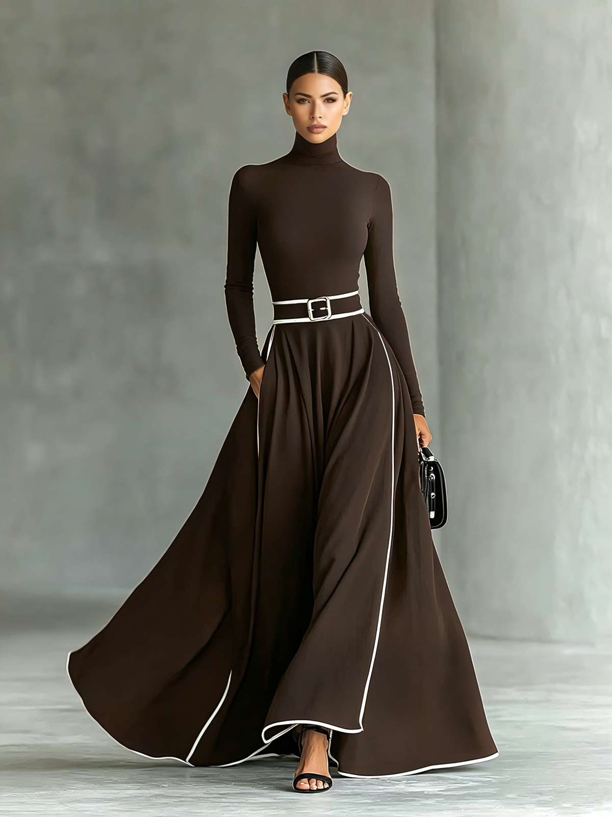 Colette | Maxi-Kleid für Frauen in Schwarz mit Weißen Nähten und Stehkragen, Lange Ärmel, Tailliert