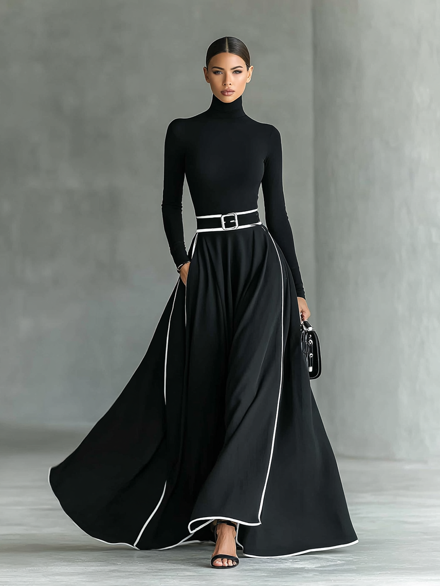 Colette | Maxi-Kleid für Frauen in Schwarz mit Weißen Nähten und Stehkragen, Lange Ärmel, Tailliert