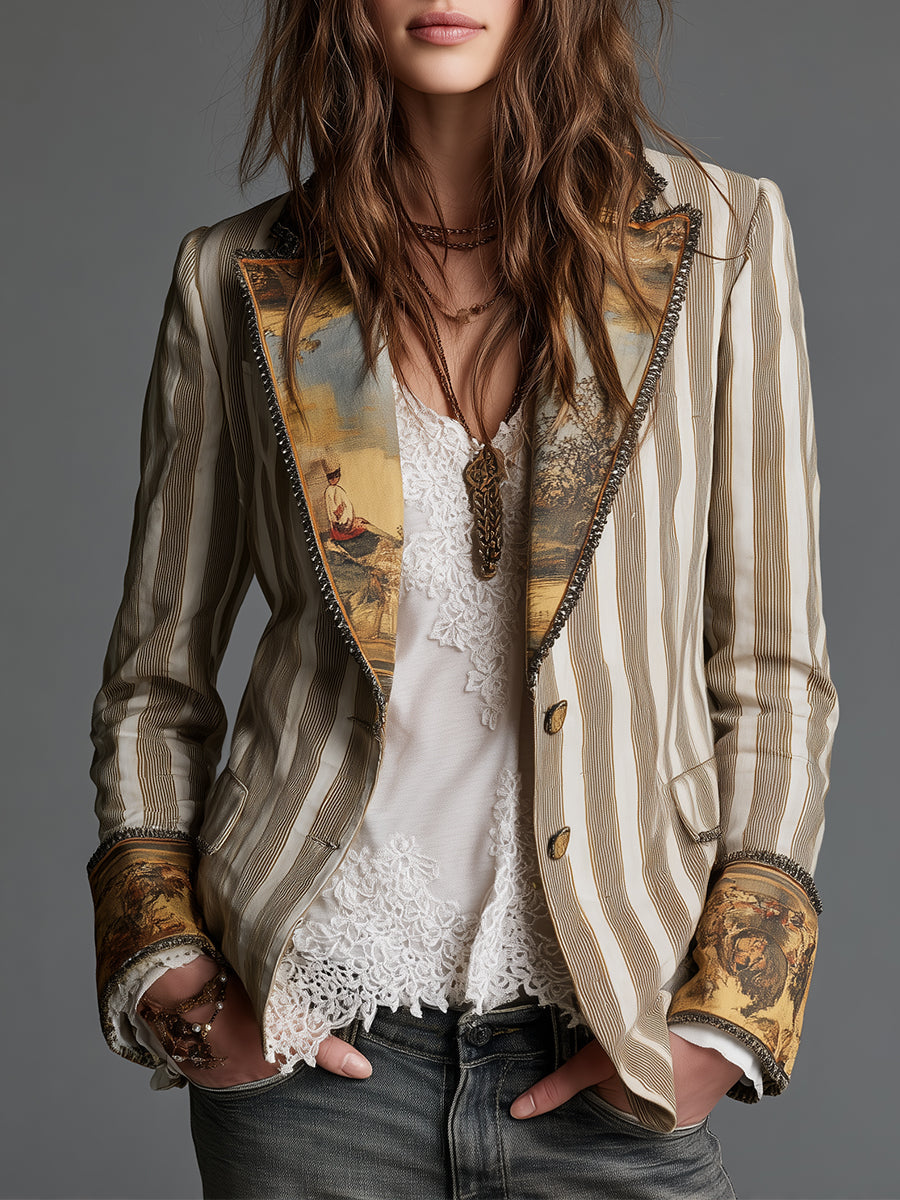 Suzanne | Gestreifter Boho-Blazer mit bedrucktem Revers