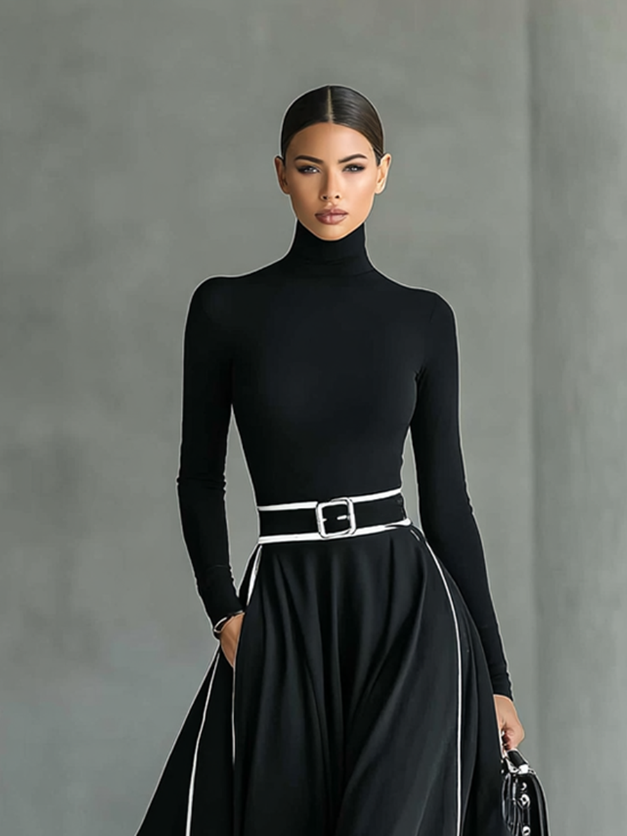 Colette | Maxi-Kleid für Frauen in Schwarz mit Weißen Nähten und Stehkragen, Lange Ärmel, Tailliert