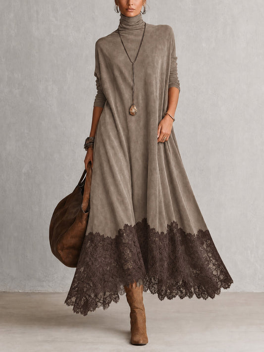 PORZIA | Langes Kleid mit Wildleder-Effekt und Spitzenrand